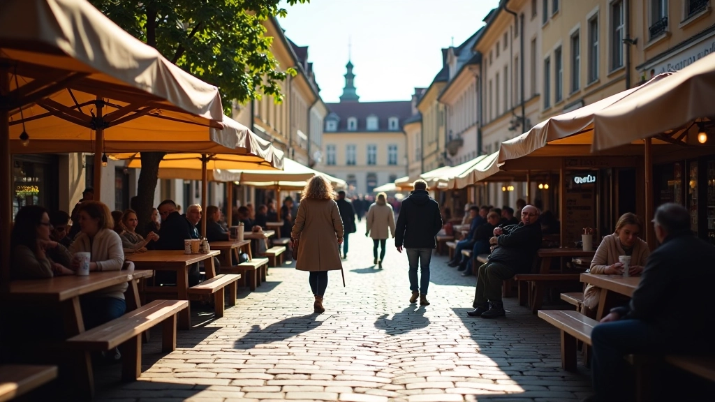 Kalvarijų turgus dienos metu, žmonės vaikšto, suoliai šešėlyje, gražus oras, šviesa