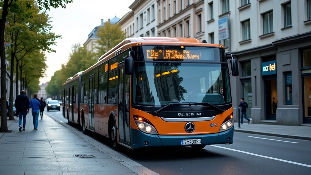 Vilniaus viešasis transportas, autobusas miesto gatvėje, šviesi diena